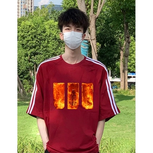 抖音得物高品质二开240克宽松纯棉美式潮牌三条杠织带短袖T恤图片