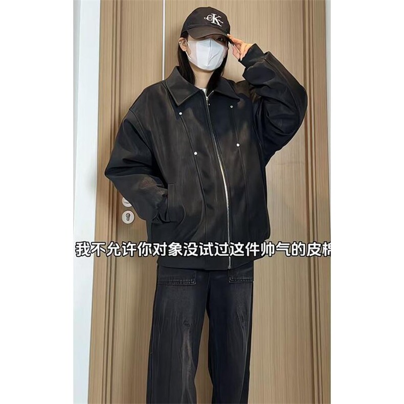 秋冬新款加棉翻领皮棉服男女机车防风加厚保暖棉袄潮流宽松皮外套,男装棉衣,星座506A