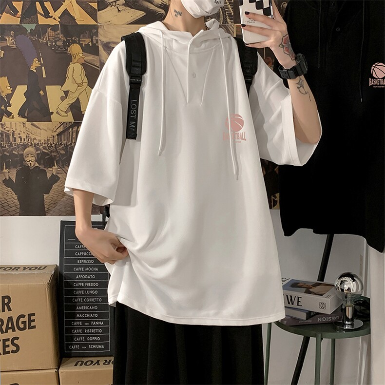 LD54237-P45连帽短袖t恤男大码胖子带帽五分袖中袖,男装T恤,电商A040