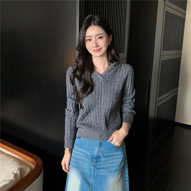 2025秋冬百搭时尚简约v领麻花长袖针织羊绒衫,女装羊绒衫,玛卡隆羊绒