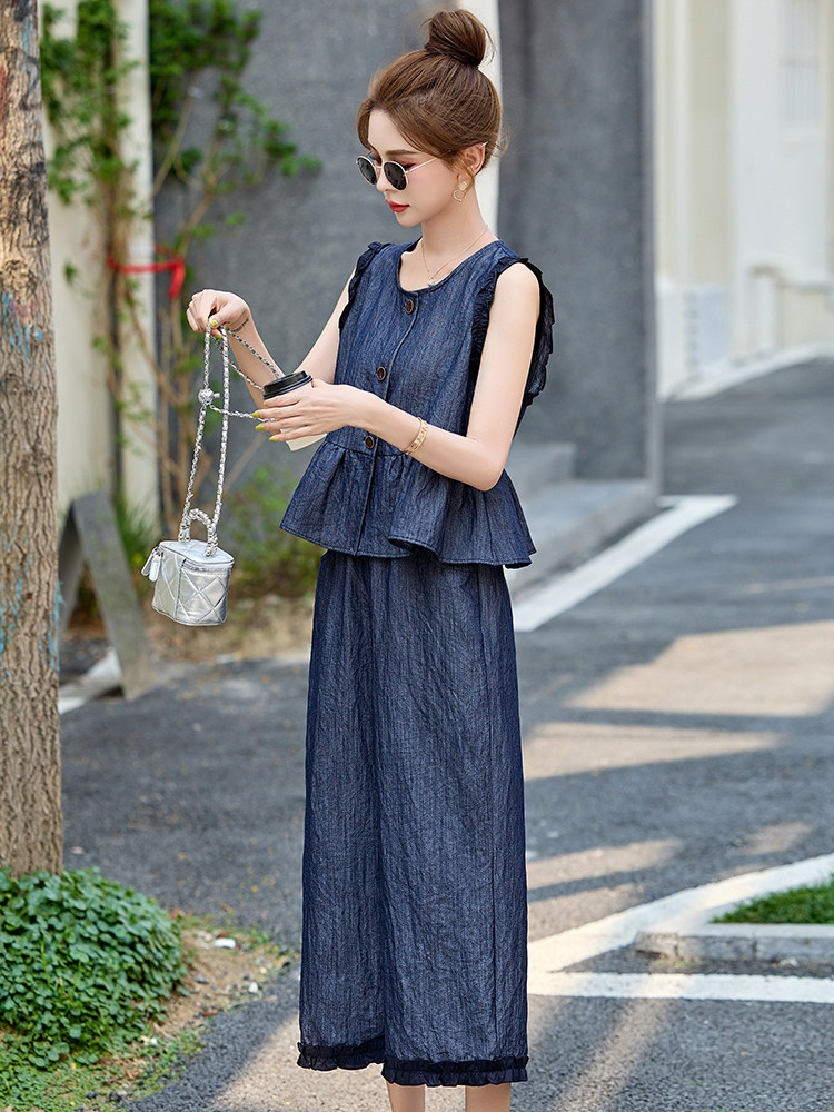 休闲牛仔背心马甲阔腿裤两件套女2025夏新款小个子超好看减龄套装,女装套装/套裙,依如秀(原杭风阁)