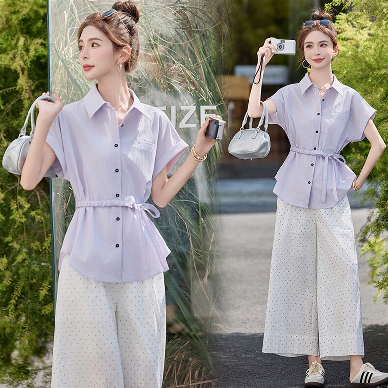 2025夏季新款韩系设计感百搭显瘦时尚翻领松紧系带短袖衬衫女上衣，女装套装/套裙，欧米莱