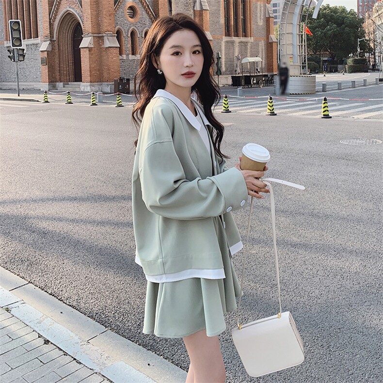 学院风甜美穿搭豆绿色开衫小外套装女2025春秋超火好看短裙两件套,女装套装/套裙,2C088