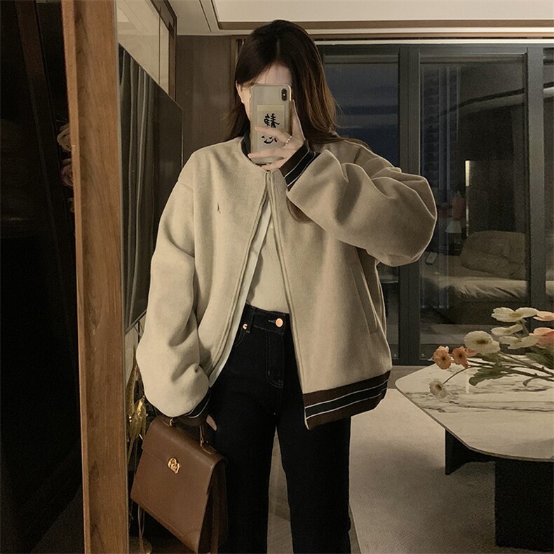 C869-P110美式复古毛呢外套女2025新款加厚拉链棒球服夹克宽松,男装夹克,星座911-2(原星座613-2）