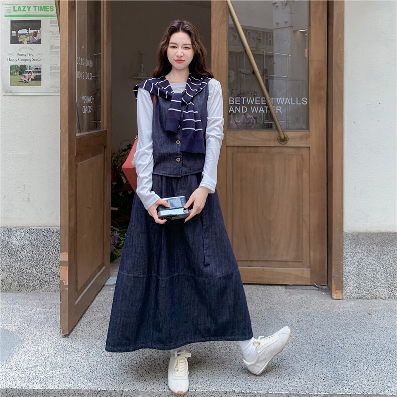 蓝色条纹披肩牛仔马甲半身裙套装三件套女2025早春秋韩里韩气穿搭,女装套装/套裙,2C307