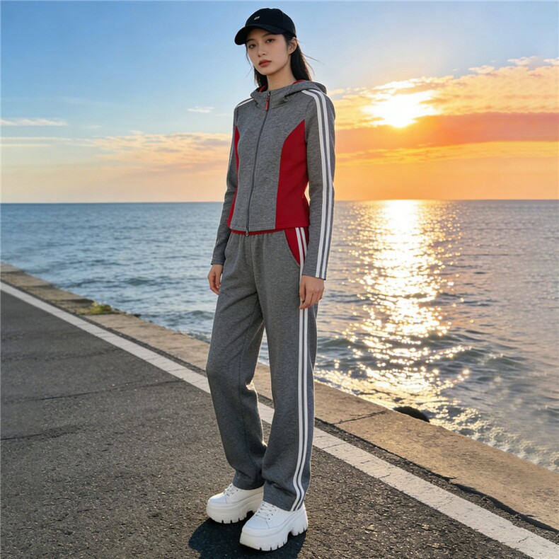 休闲运动套装女春季新款撞色拼接拉链开衫卫衣抽绳阔腿长裤两件套图片