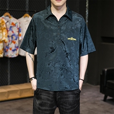 2025新款男士夏季提花短袖T恤衬衫翻领汉服刺锈A227-T2117-P55，男装T恤，电商A227A