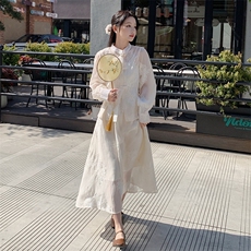 新中式刺绣气质国风白色连衣裙套装女2024夏季新款盘扣收腰三件套，女装套装/套裙，诺蝶