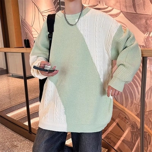 麻花拼接毛衣男港风chic宽松慵懒风日系潮流内搭圆领Z7003-P55图片