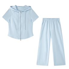 时尚休闲运动服套装女2025夏季新款连帽短袖T恤阔腿直筒裤两件套，女装套装/套裙，文熹诺