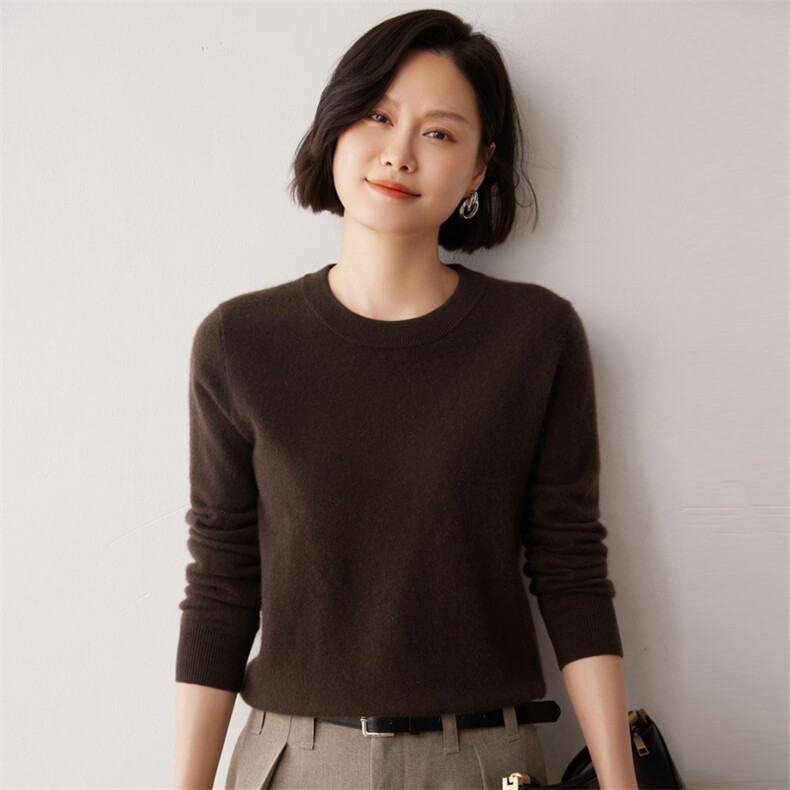 秋冬新款洋气时尚百搭显瘦女款圆领35%山羊绒衫,女装羊绒衫,艾巧羊绒