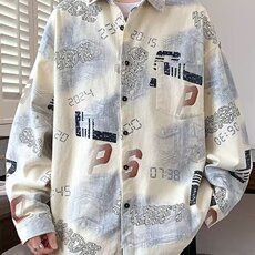 衬衫外套男学生帅气翻领男装潮流衬衣长袖宽松印花上衣H540P34，男装衬衫，星座1112-1