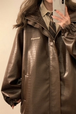 中性连帽鳄鱼纹PU皮衣大码M-5XL情侣休闲冲锋衣夹克男JK8744P90控，男装皮衣，星座227-7