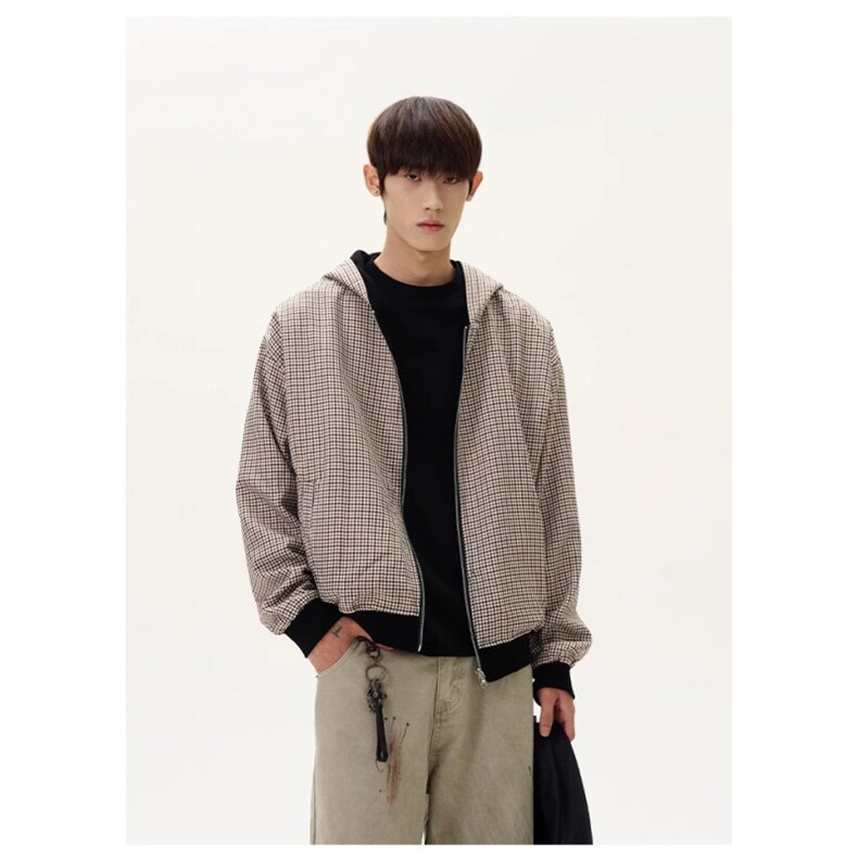小众双面穿千鸟格短款拉链连帽卫衣男休闲开衫外套衫WY952P73，女装短外套，星座1013-5