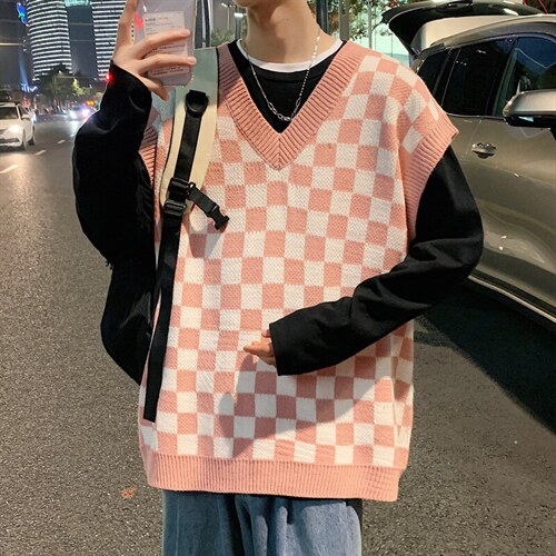 ！2025秋冬新款男士格子毛衣背心中性潮流无袖针织衫MX02P60，男装背心/马甲，电商B220