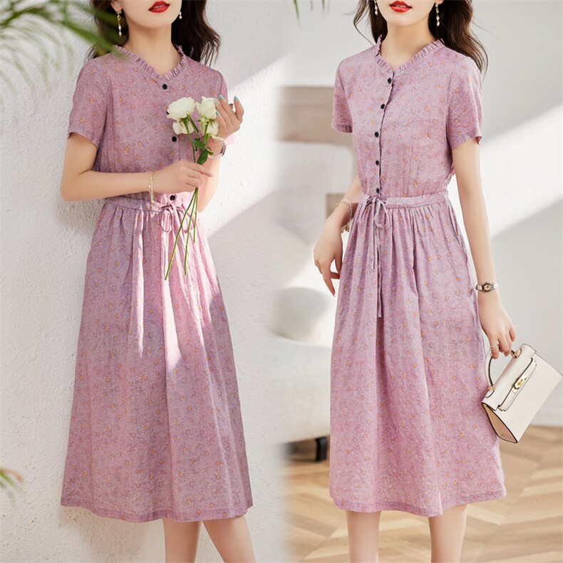 棉麻连衣裙夏季2025新款衣服大码女装高端精致气质碎花宽松长裙子,女装连衣裙,木橙西子