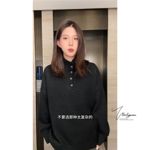 Y02-P40原版现货！美式套头针织衫男慵懒风纯色毛衣扣子宽松高领图片