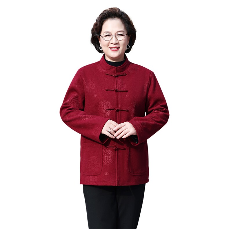 2024年秋季时尚潮流中老年男女款长袖立领单排扣全身福字羊毛呢,女装毛呢外套,衣恋羊绒