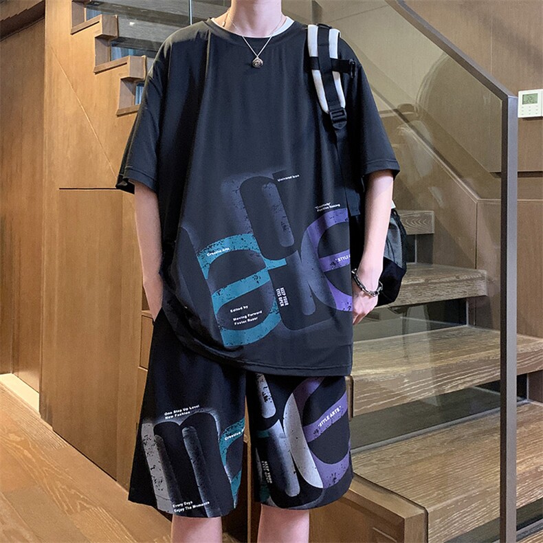 夏季冰丝短袖t恤短裤两件帅气休闲运动套装2405特P45控68，男装休闲套装，电商A309