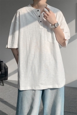 8XL-M亨利领亚麻短袖t恤男弹力大码宽松半袖开衩设计体恤DT002P45，男装T恤，电商B312