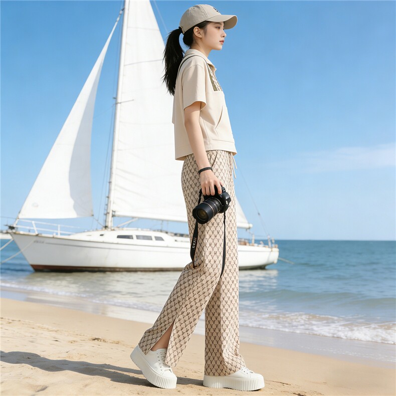 女夏季新款时尚休闲套装洋气显瘦半开拉链立领短袖上衣长裤两件套,女装套装/套裙,江南