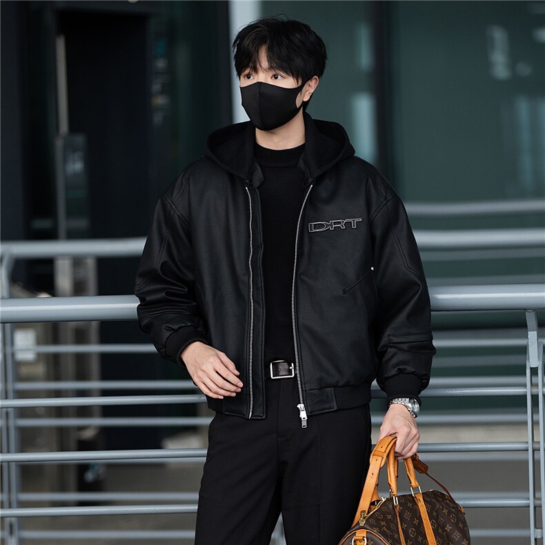 标50绒街拍男士连帽可拆卸PU皮羽绒服保暖外套B338-5066-P275,男装羽绒服,电商B338