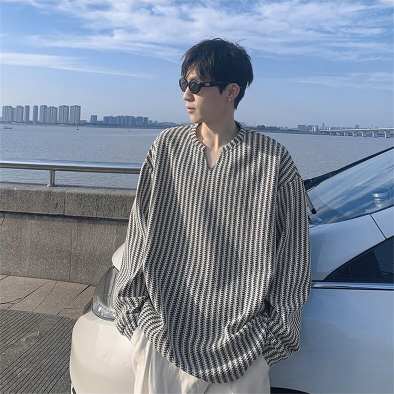 美式高街千鸟格子长袖T恤男女亨利V领英伦雅痞休闲宽松长袖打底衫，男装T恤，电商A443