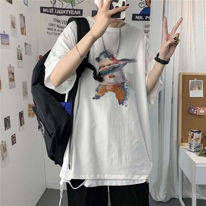 2021港风圆领青春休闲大码运动日系原宿潮流男士短袖宽松7933F25,男装T恤,星座227-7