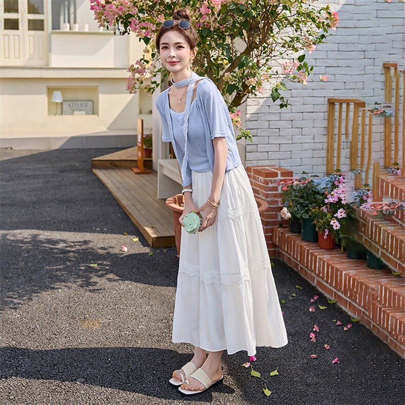 官方时尚套装女2025年夏季新款吊带开衫白色半身裙三件套,女装套装/套裙,韩美纤衣