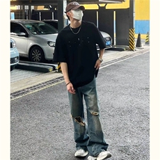 破洞直筒牛仔裤男宽松高腰复古小众扎染设计感阔腿裤YA9069-P45，男装牛仔裤，星座208-5