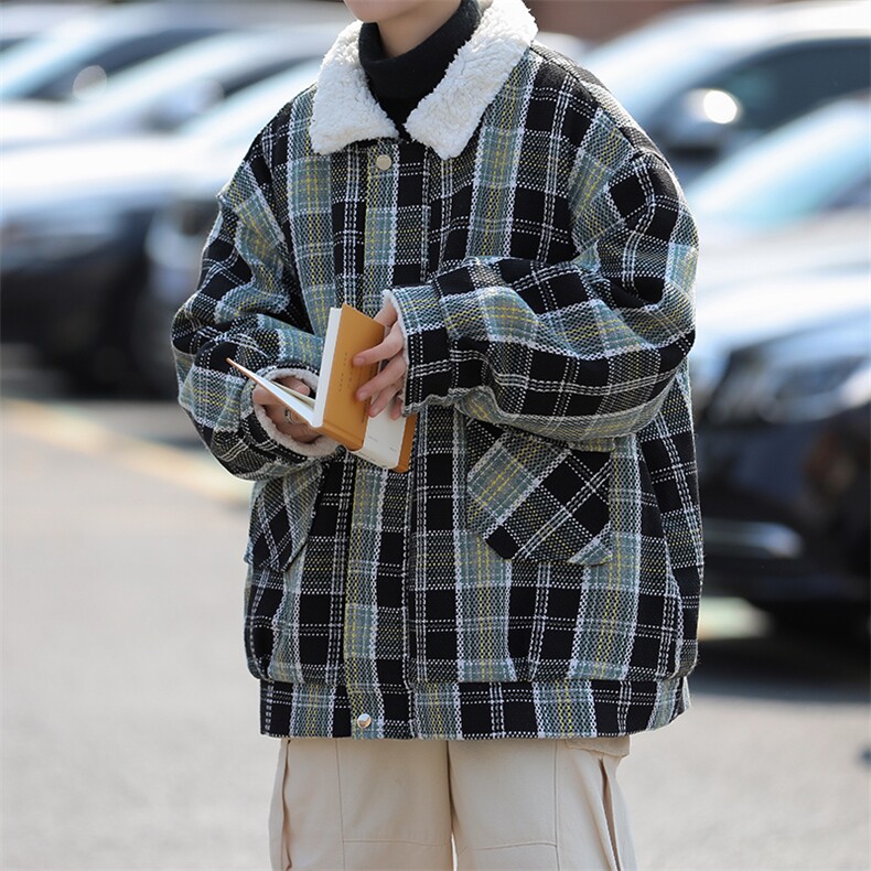 2024冬季新款羊羔毛棉服男美式复古小香风格子棉衣外套W7964-P85,男装棉衣,星座512-4
