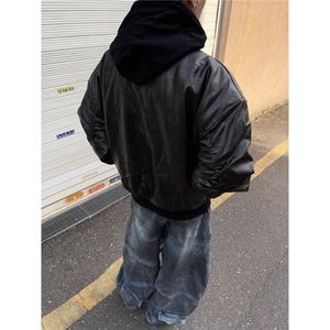 网络图 冬季街头飞行夹克连帽pu皮棉服男加厚外套重磅工装棉衣男图片