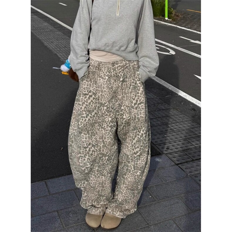 复古豹纹弯刀牛仔裤女夏季新款街头辣妹廓形宽松拖地长裤KN1504,男装牛仔裤,星座1116A（原606A-3）