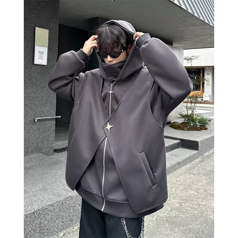 港风秋冬款男假两件连帽卫衣十字架拉链宽松夹克外套WY128P70,男装夹克,星座1013-1