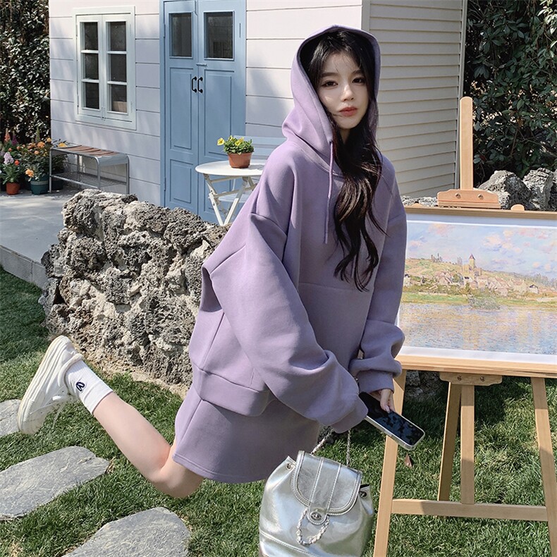 紫色休闲连帽卫衣套装裙女2025春新款小个子洋气减龄半身裙两件套,女装套装/套裙,2C206
