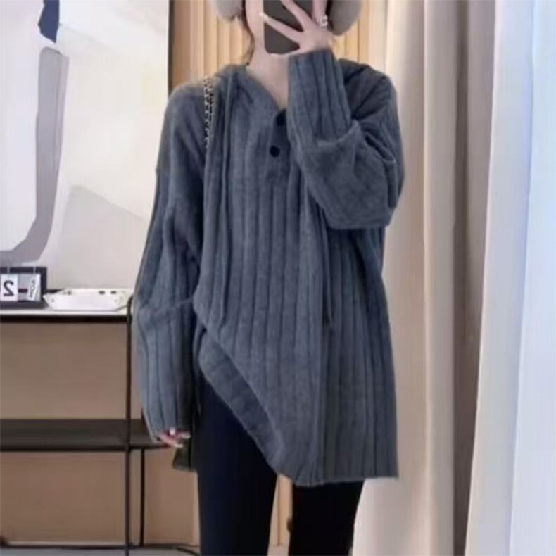 软糯慵懒风连帽毛衣女秋冬季2025新款爆款宽松加厚针织衫上衣图片