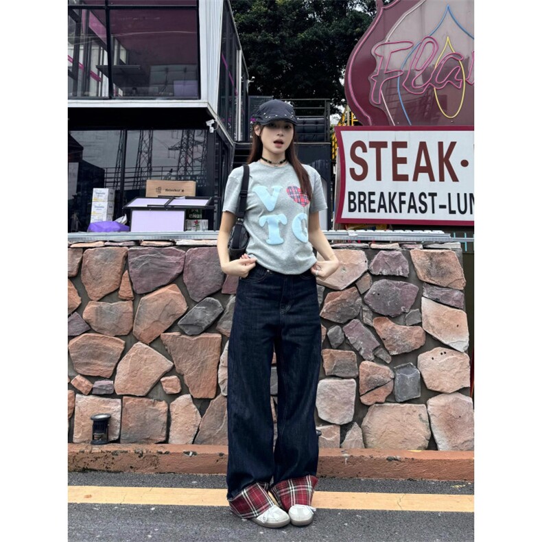 【网图有货】美式格子拼接卷边牛仔裤男女阔腿裤子NZ011CC-特P65,男装牛仔裤,星座1007（原301D）