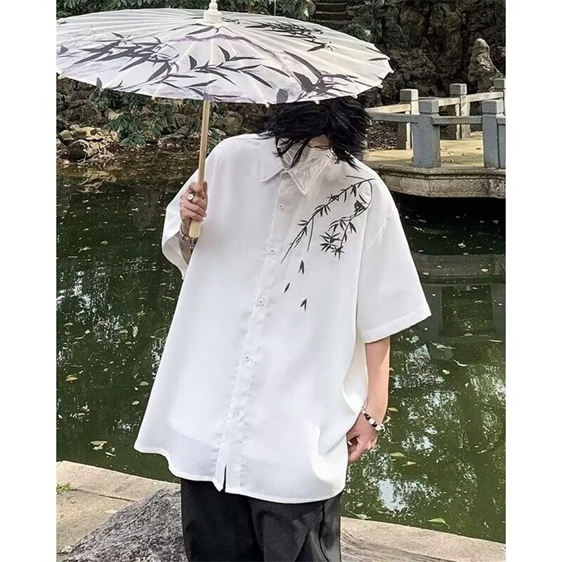 2025新新中式短袖衬衫男夏季冰丝速干港风潮流五分袖开衫上衣防,男装衬衫,星座516A
