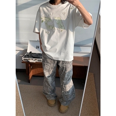 网图有货花伴竹纯棉刺绣短袖T恤男女情侣宽松花卉上衣A469-P35，男装T恤，星座1505