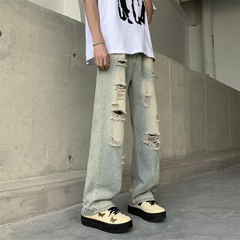 春秋新款破洞牛仔裤黄泥染男直筒宽松高街欧美夏季裤子潮美式修身,男装牛仔裤,星座1013