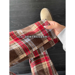 毛呢格子卫裤男秋冬美式重磅宽松阔腿裤保暖裤子图片