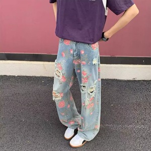 夏季薄款牛仔裤男款宽松花色休闲裤痞帅印花直筒裤子 NK0122图片