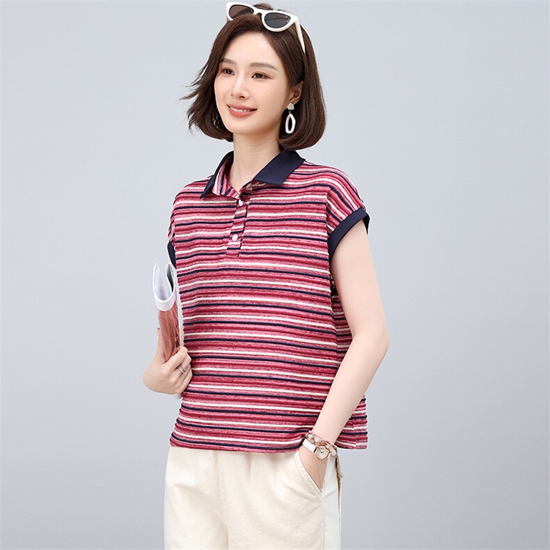 小个子条纹翻领T恤女夏季韩版休闲宽松年轻款妈妈薄款小衫上衣潮,女装T恤,江忆布依