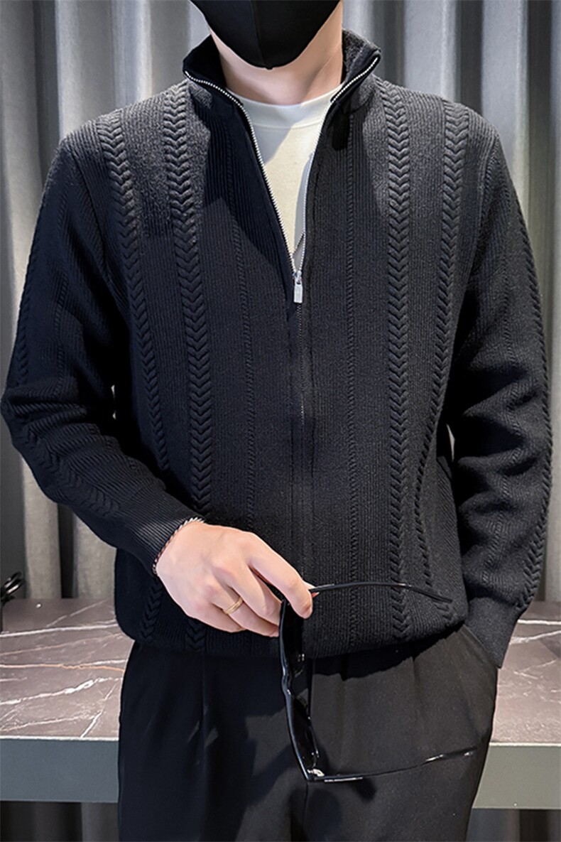 C67065-M-3XL-P98秋百搭男士休闲拼接针织拉链立领外穿毛衣开衫,男装针织衫/毛衣,电商B255