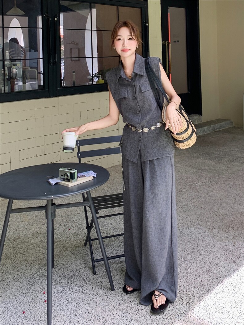 韩系高级感深灰色马甲套装女2025年夏季新款减龄显瘦阔腿裤两件套,女装套装/套裙,蝶眷