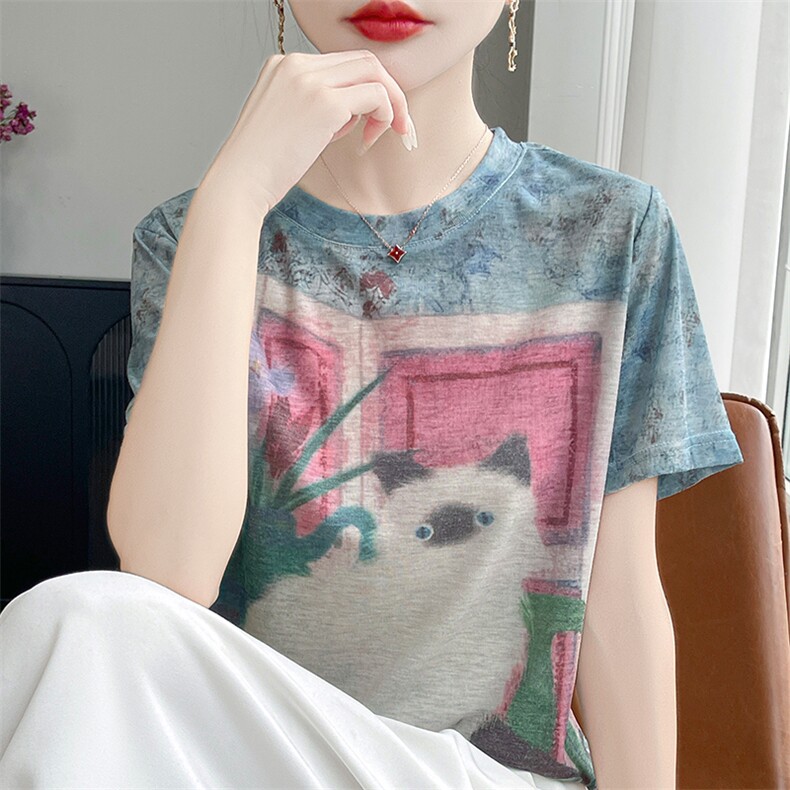 夏季天丝针织短袖T恤女圆领晕染猫咪印花上衣宽松显瘦半袖打底衫,女装T恤,羊特美羊绒