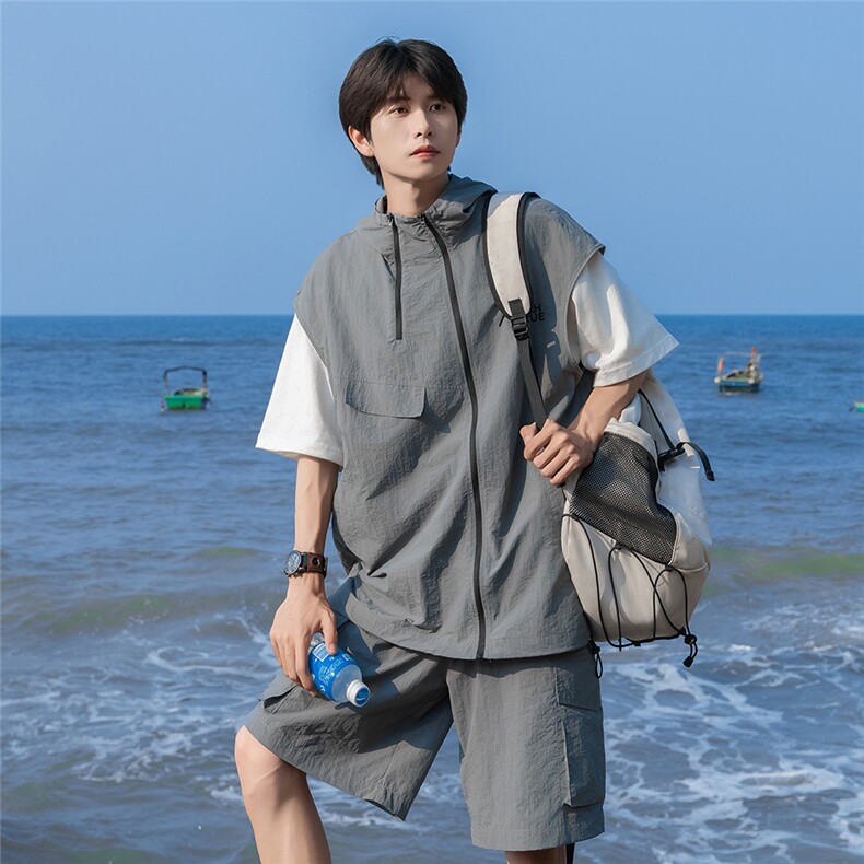 港风24夏款时尚无袖连帽拉链套装TZ614801P70控98,男装休闲套装,电商A268A