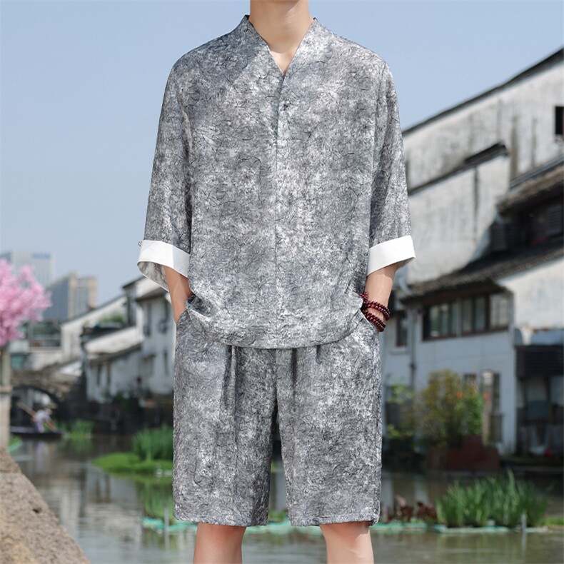 2025夏季新款男装新中式汉服衬衣风复古禅服盘扣衬衫 C97-P95图片