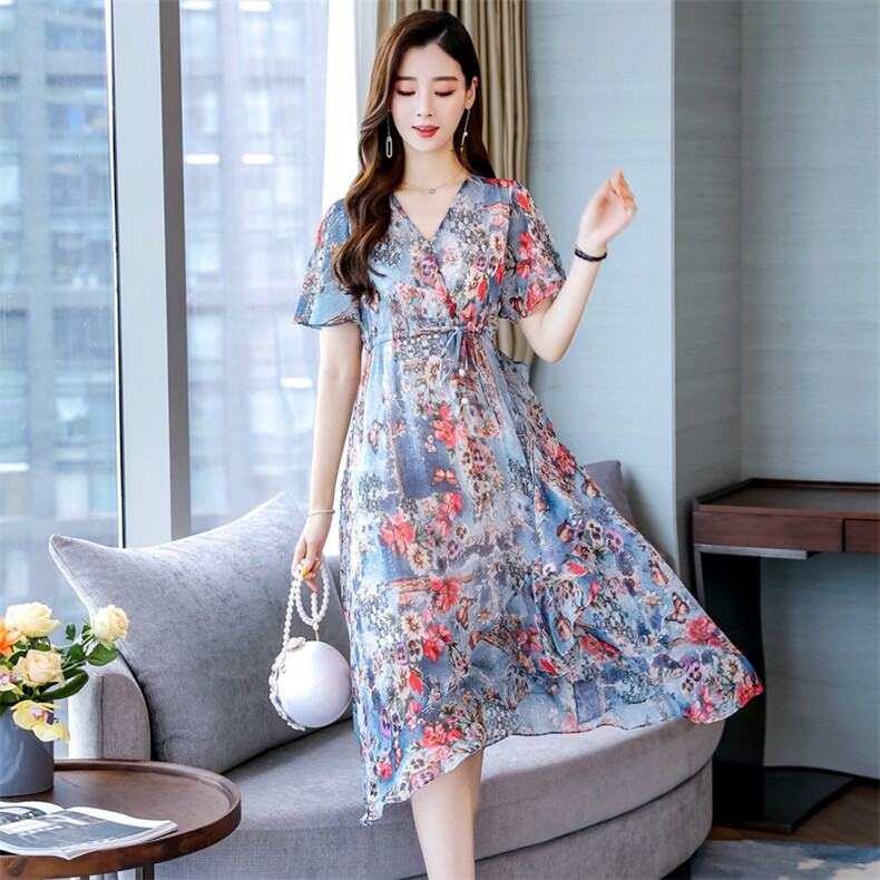 碎花2021年夏季V领时尚气质简约中长款百搭韩版优雅连衣裙,女装连衣裙,瑶迪依秀