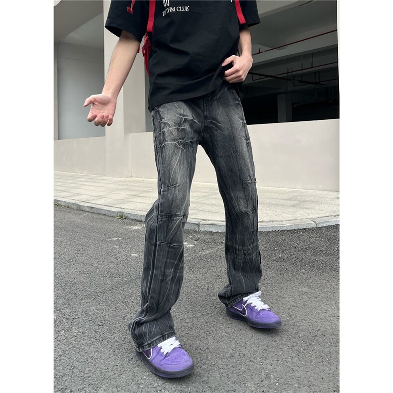 美式复古闪电裂纹褶皱牛仔裤男高街潮牌直筒做旧裤子NK69-P54图片